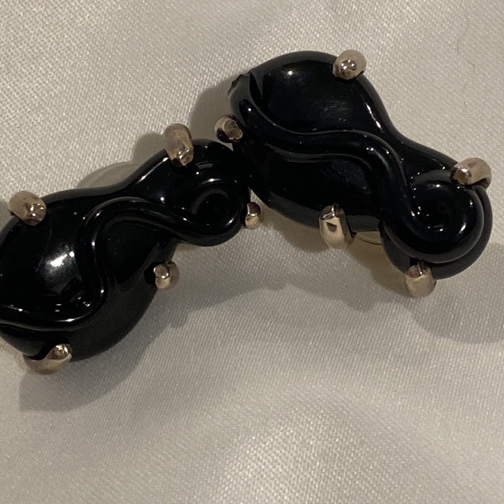 TOUS BEAR STERLING SILVER HEAVY BLACK ONYX NEIMAN CLIP ON EARRINGS